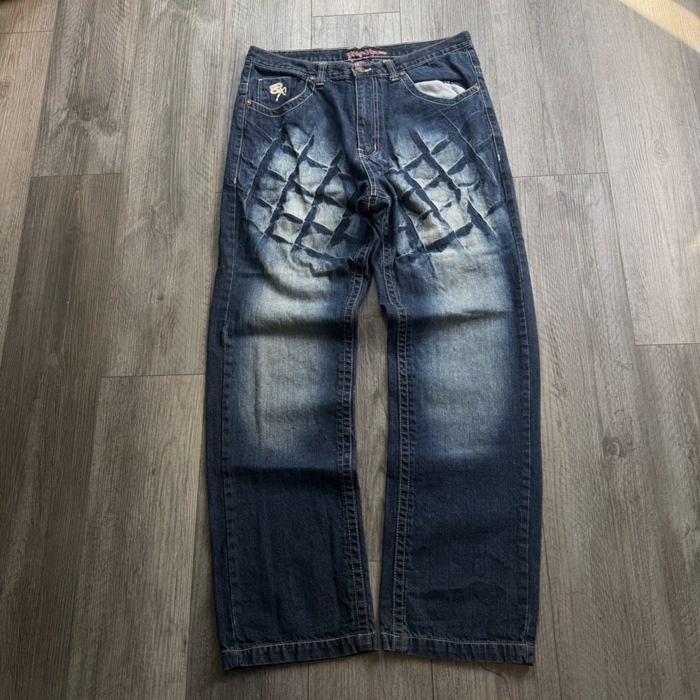 Bklyn Xpress Mens 36x34 Baggy Jeans Y2K Quilt Fade Diamond Wash Wide Leg Denim